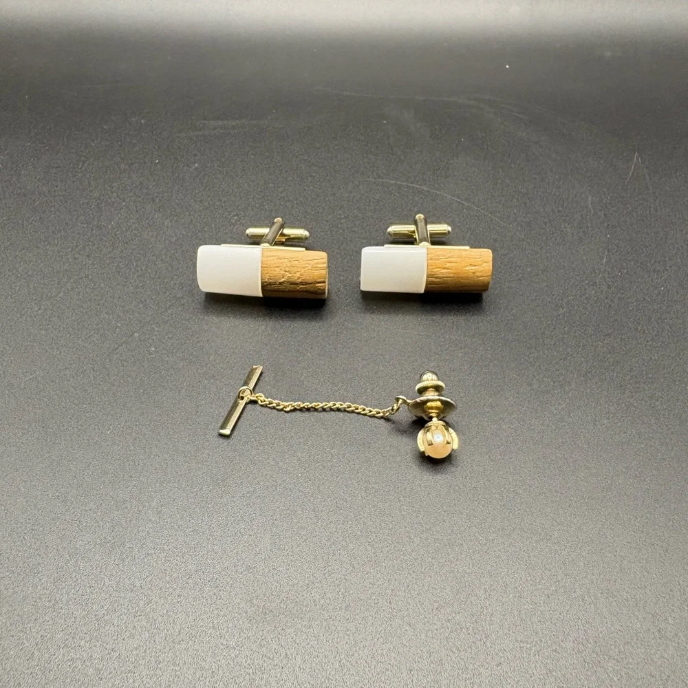 Vintage Wood White Inlay Cufflinks Pearl Tie Tack Gold Tone Mens Dress Set